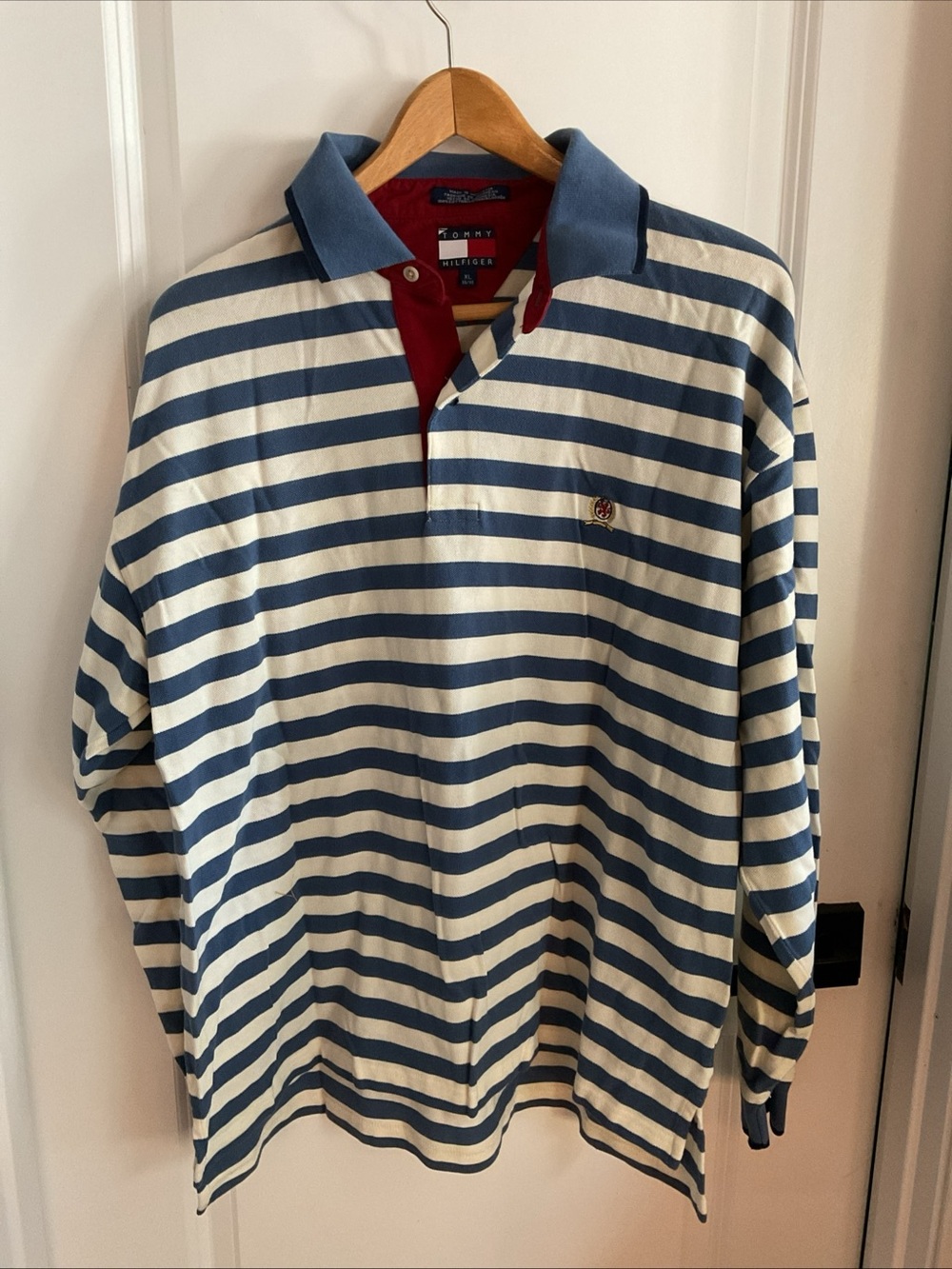 Tommy Hilfiger - Blue and White Striped Long-Sleeve Polo with Red Placket - XL - Picture 2 of 13
